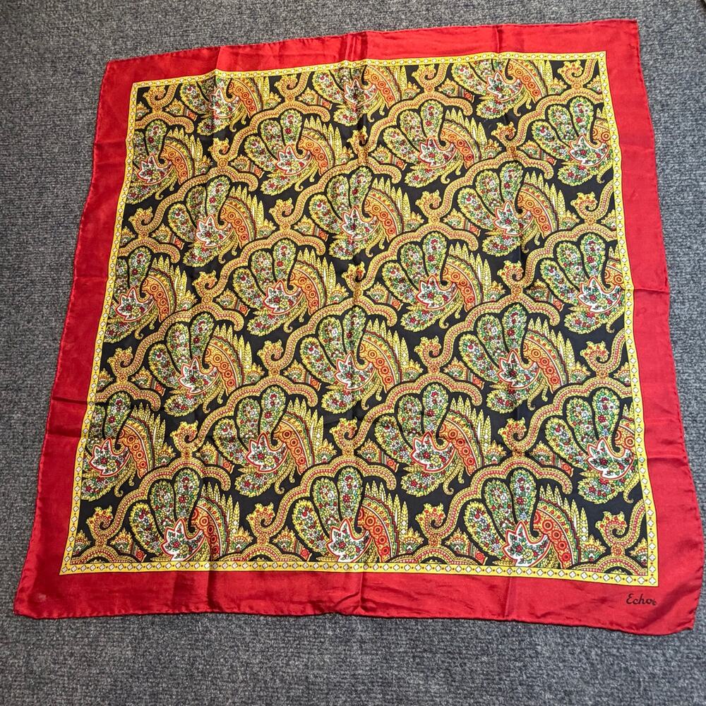 Vintage Echo Silk Scarf Red Border Paisley Square Hand Rolled Wrap Cottagecore